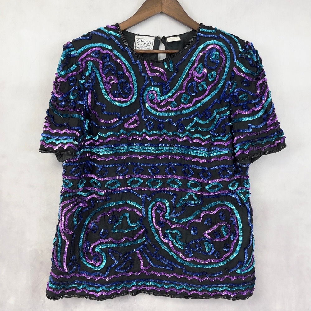 VTG Stenay Plus Womens Sequin Blouse Top Size 1X Silk Evening Glam Art Deco Luxe